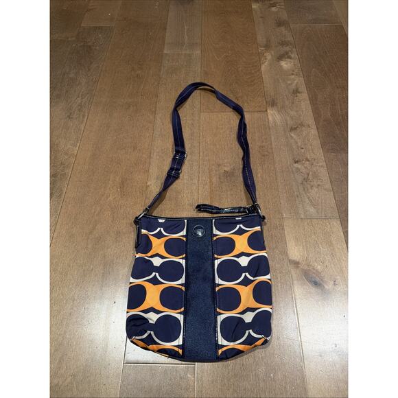 Coach Signature Crossbody Bag Adjustable Strap Navy Blue/Orange - Picture 1 of 4